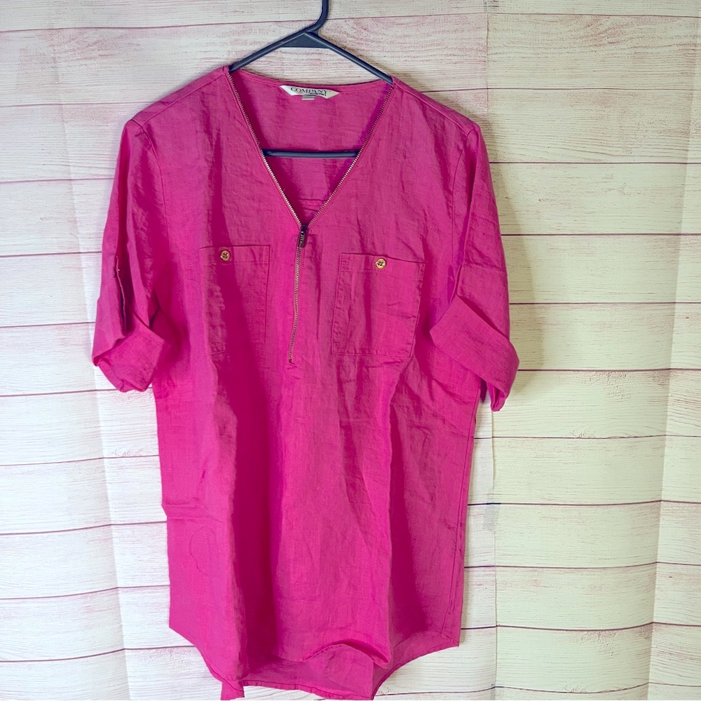 Company by Ellen Tracy 100% Linen Zipper V-Neck Top Size Medium‎